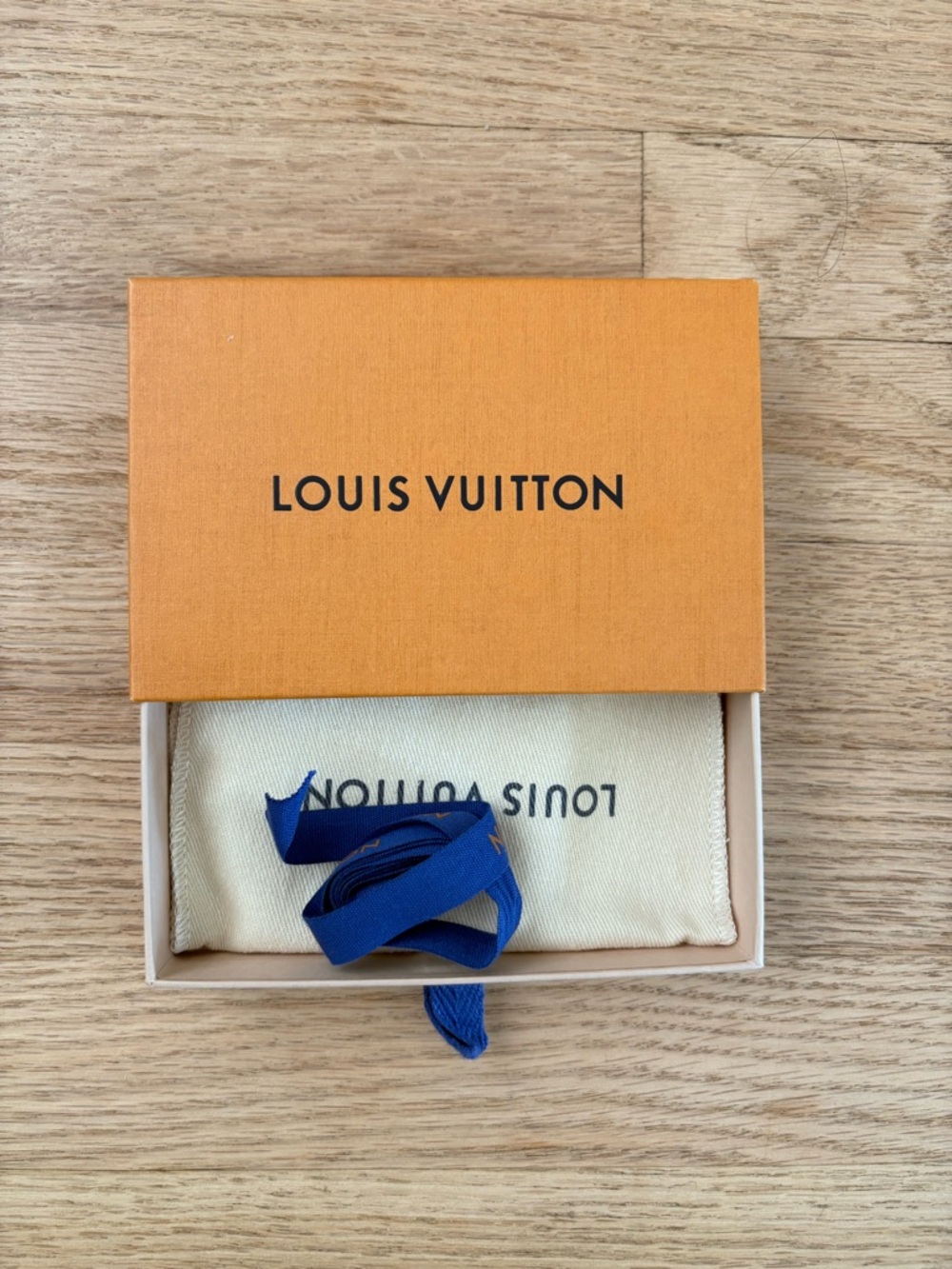 Louis Vuitton Orange Box with Blue Ribbon and Cream Dust Bag